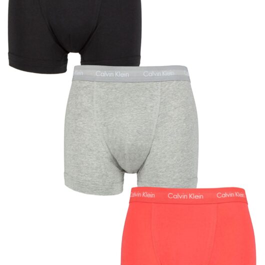 Mens 3 Pack Calvin Klein Cotton Stretch Trunks Black / Grey Heather / Punch Pink XS