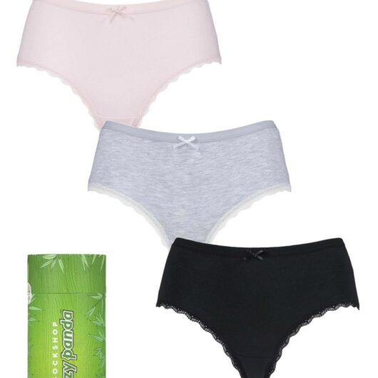 Women's 3 Pair SOCKSHOP Lazy Panda Bamboo Low Rise Shorties Black / Grey / Pink UK 20